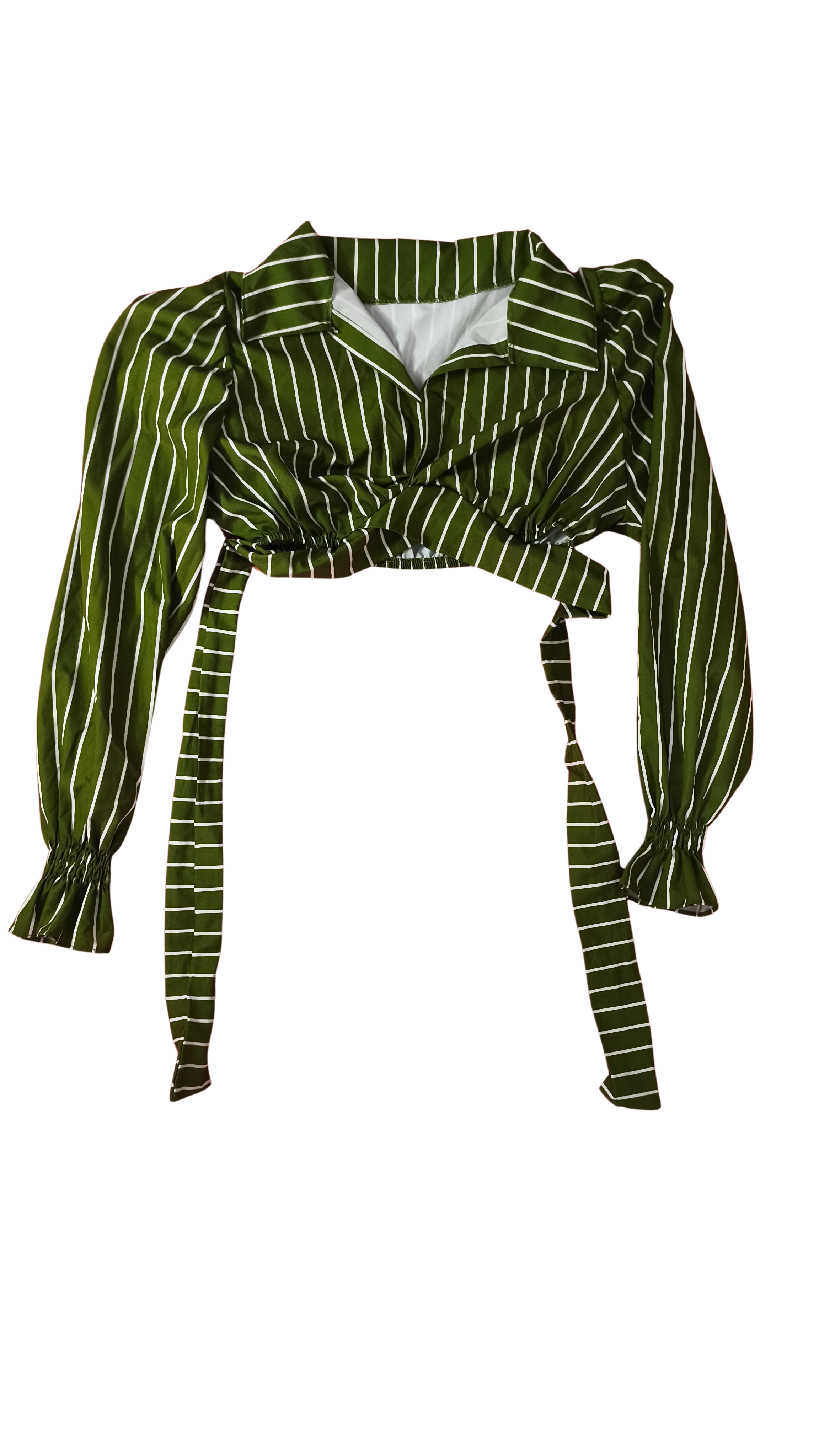 Blusa Cropped Transpassada Listrada Verde com Amarração