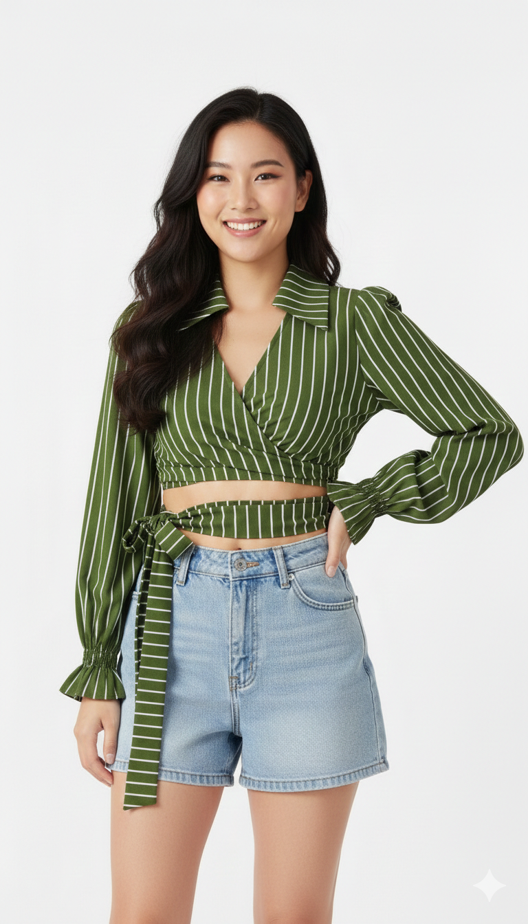 Blusa Cropped Transpassada Listrada Verde com Amarração