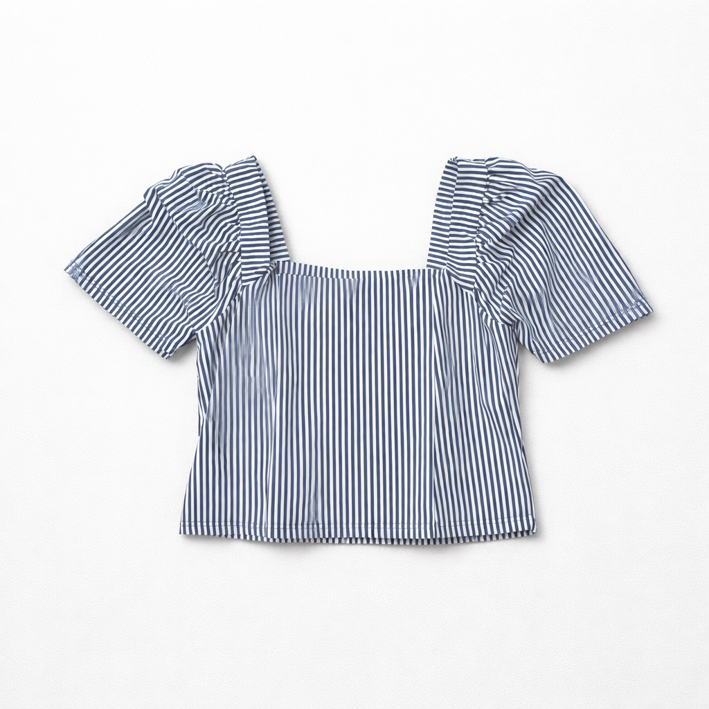 Blusa Cropped Listrada com Mangas Bufantes e Bojo